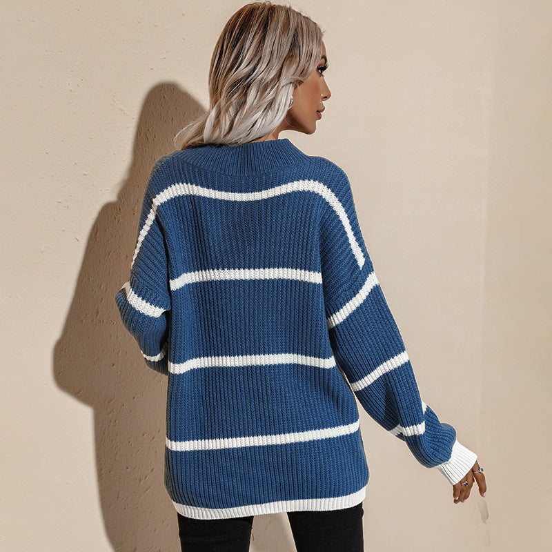 Loose Round Neck Striped Pullover Knitted Sweater