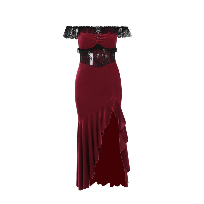 Off-Shoulder Velvet Dress With Floral Design