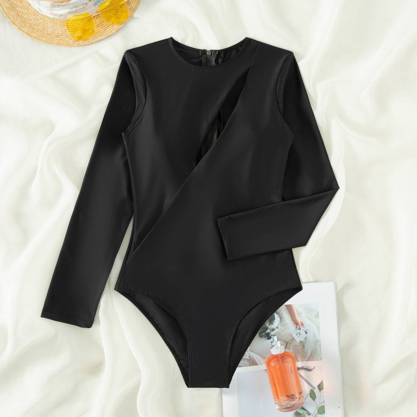 Solid Color Long Sleeves Slim Swimwear