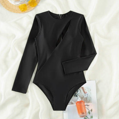 Solid Color Long Sleeves Slim Swimwear