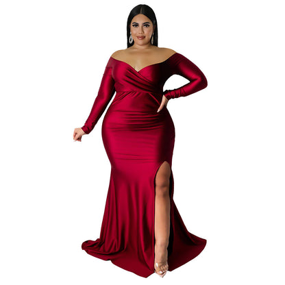 V-Neck Long Dress Elegant Solid Color Evening Dress