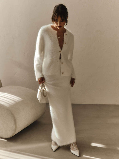 Elegant Long Sleeve Cardigan And Skirt Set - White