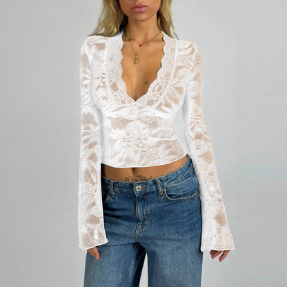 V-Neck Lace Trim Long Sleeve Top Sexy Slim Fit Street Style