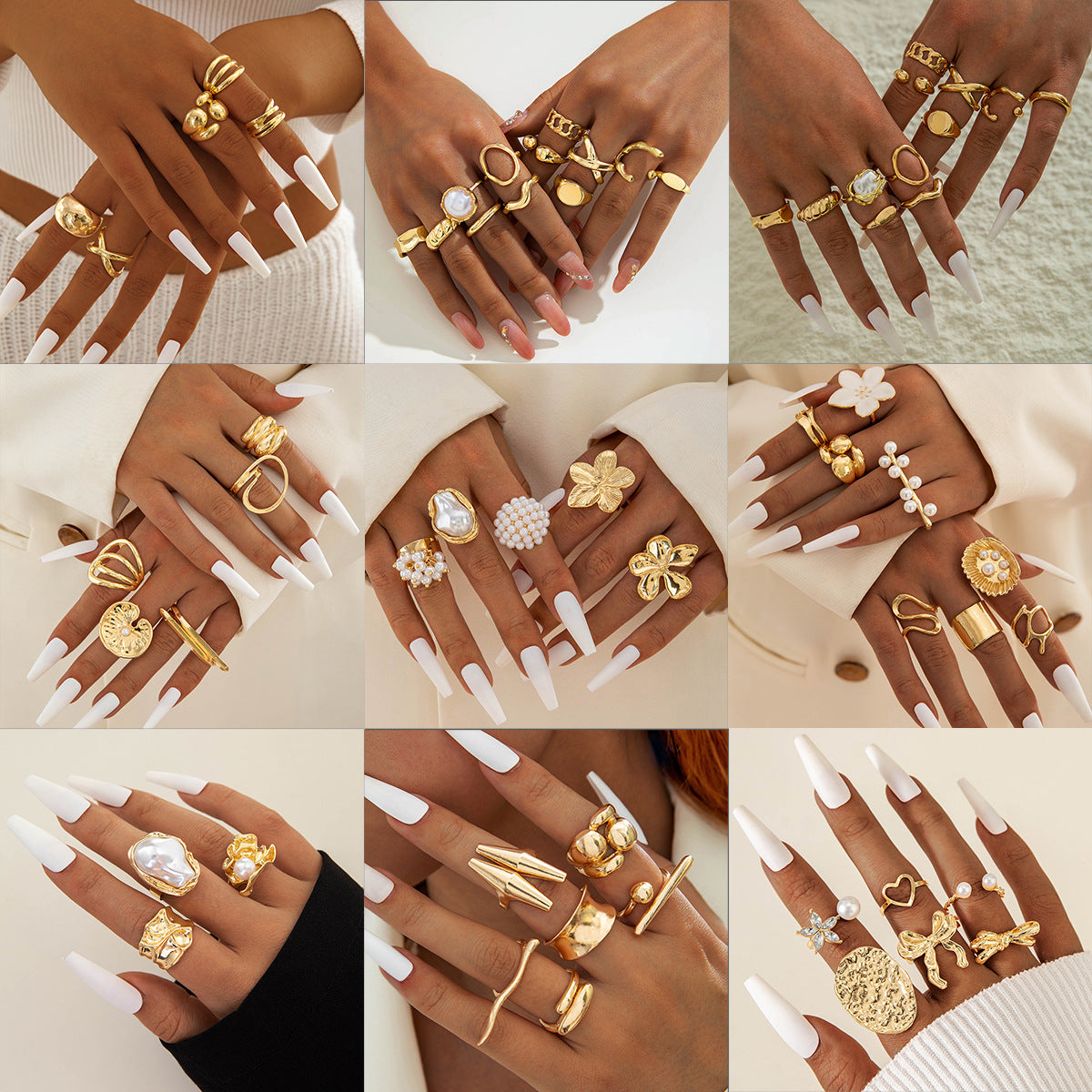 Irregular Pearl Ring Set Trendy Gold Retro Geometric Statement Rings