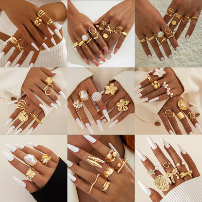 Irregular Pearl Ring Set Trendy Gold Retro Geometric Statement Rings