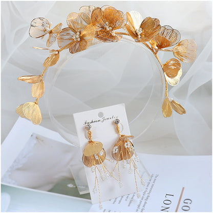 Elegant Golden Flower Headpiece with Earrings for Weddings
