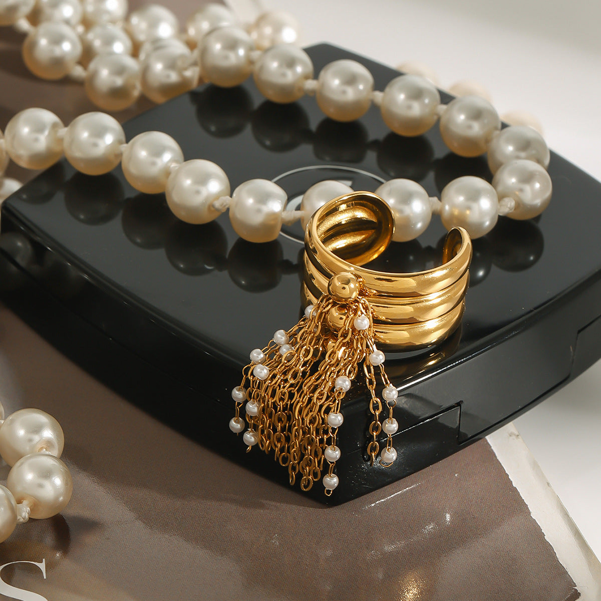 Elegant Pearl Tassel Pendant Open Ring