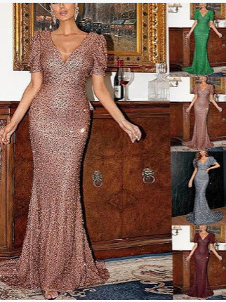 Fashionable V Neck Sequin Bodycon Evening Dress