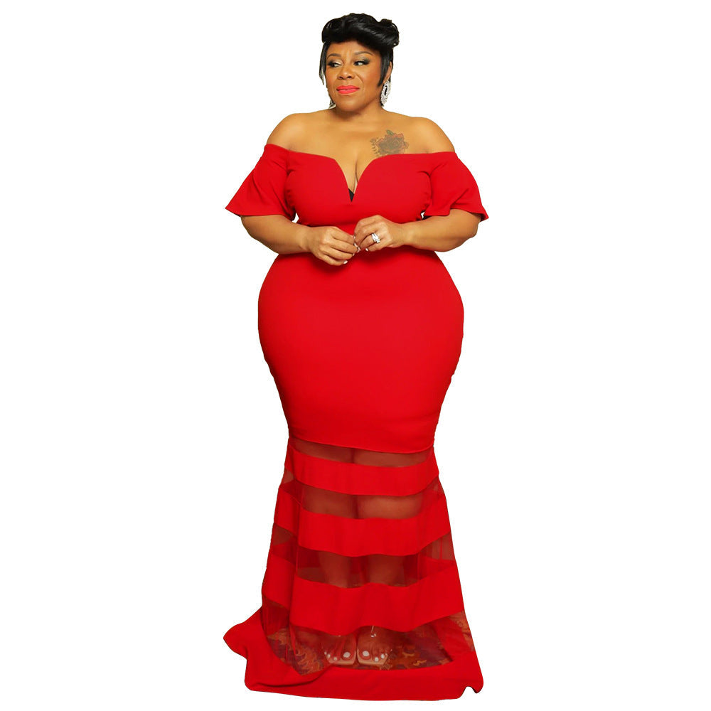 Plus Size V-Neck Sheer Fashion Dress With Flared Sleeves