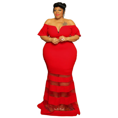Plus Size V-Neck Sheer Fashion Dress With Flared Sleeves
