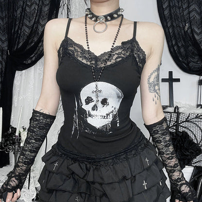 Skull Print Lace Trim Camisole Top for Casual Wear