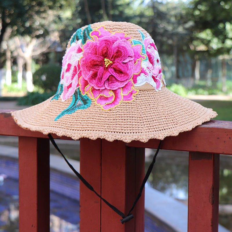 New Ethnic Style Embroidery Big Brim Hat Sun Visor Hat 3D Flower Hat Women'S Embroidery Hat