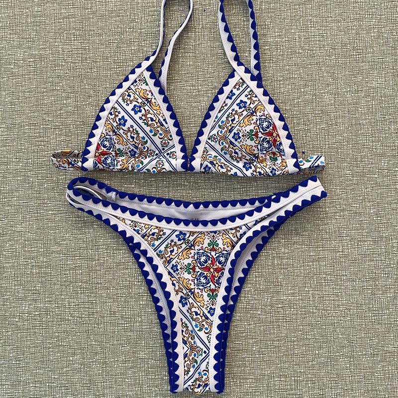 Blue Print Swimsuit Sexy Crocheted Bikini