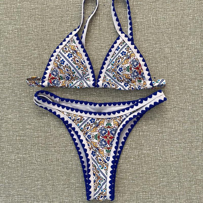 Blue Print Swimsuit Sexy Crocheted Bikini