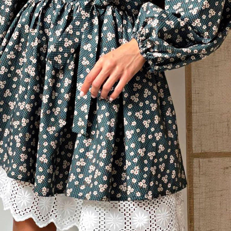 Elegant Floral Print A-Line Dress with Puff Sleeves