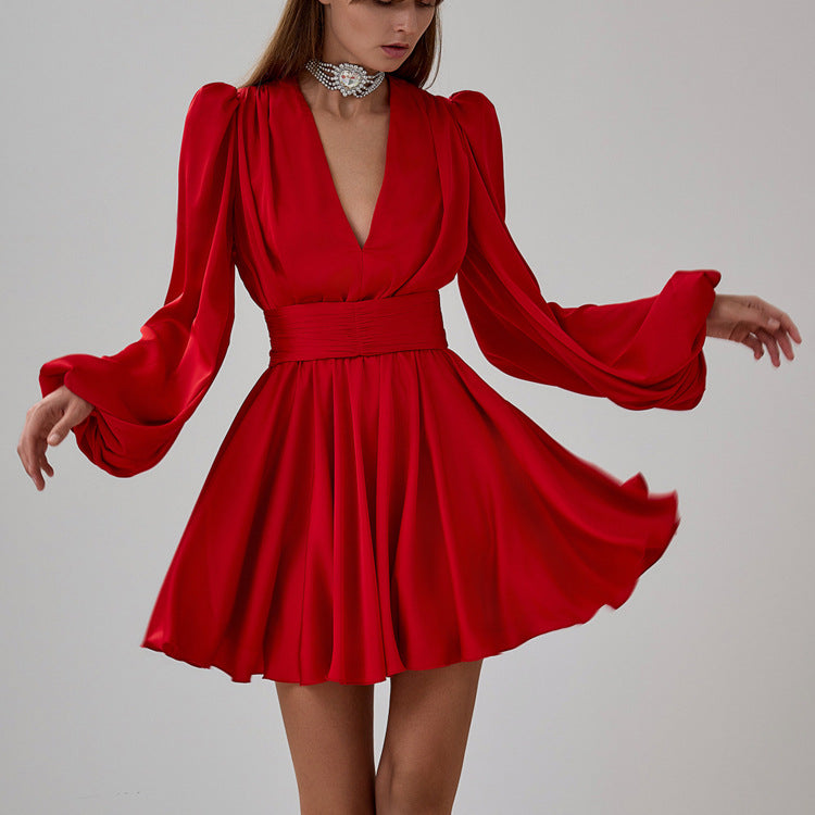 French Pleated Dress With Puff Sleeves and V-Neck