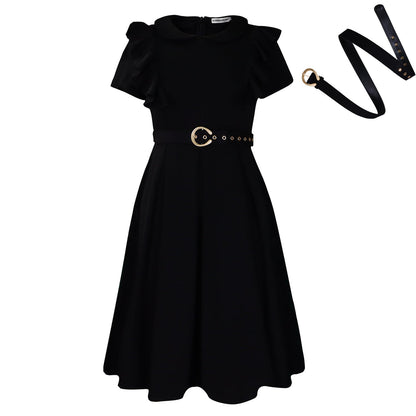Elegant High Waist Ruffle Hem A-Line Dress With Peter Pan Collar