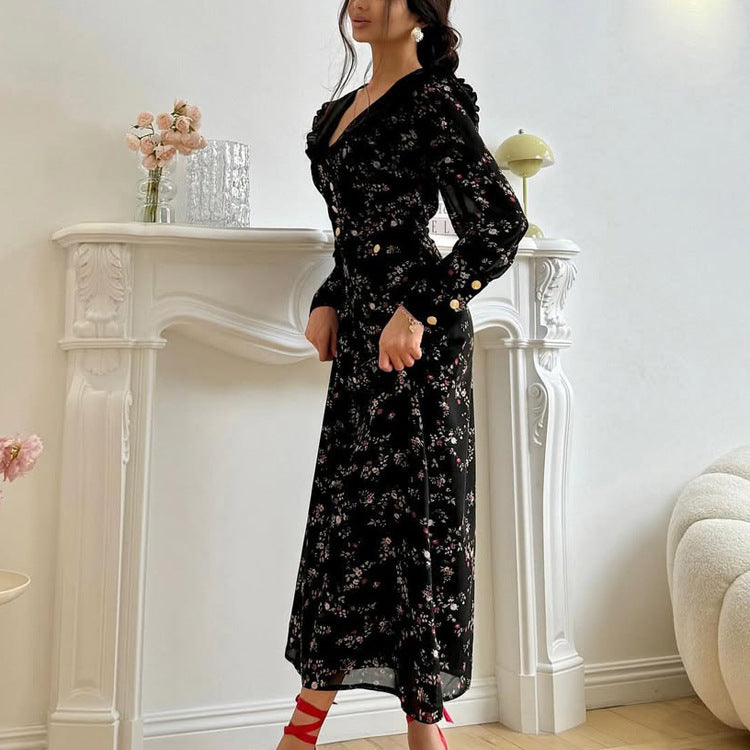 Elegant Floral Print Long Sleeve A-Line Dress