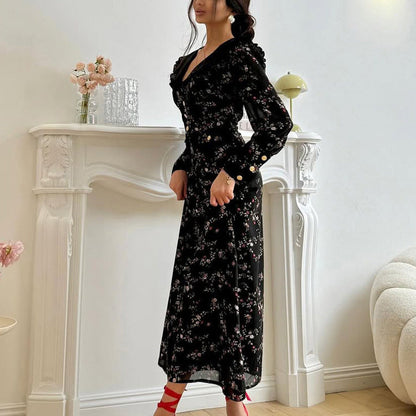 Elegant Floral Print Long Sleeve A-Line Dress