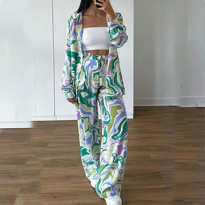 Chic Floral Long Sleeve Shirt And Pants Set