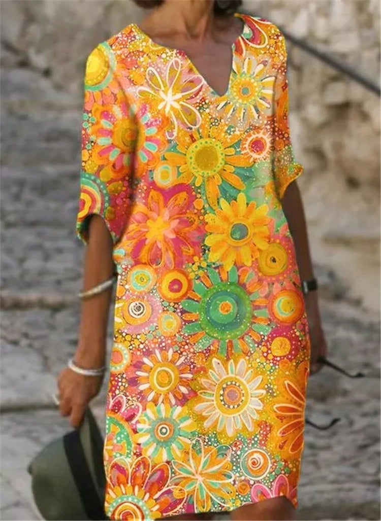 Two-Tone Printed V-Neck Loose Bamboo Dress