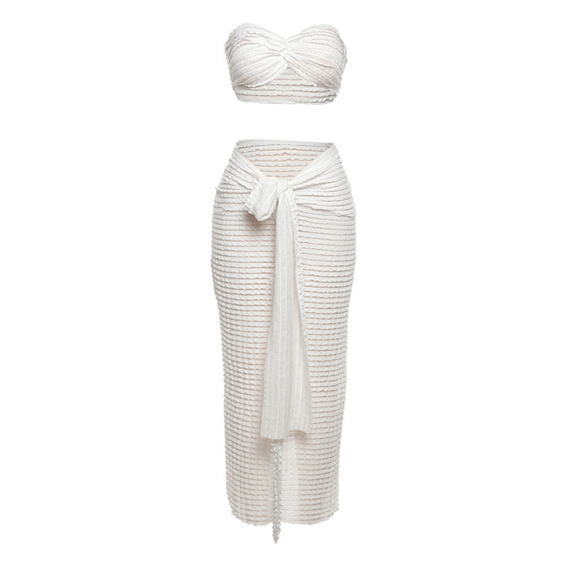 Sexy Lace Strapless Top And High-Waisted Maxi Skirt Set