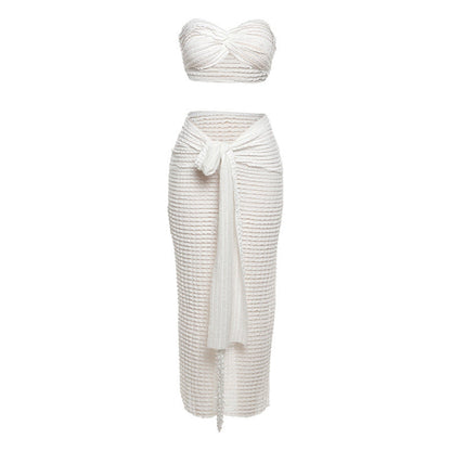 Sexy Lace Strapless Top And High-Waisted Maxi Skirt Set