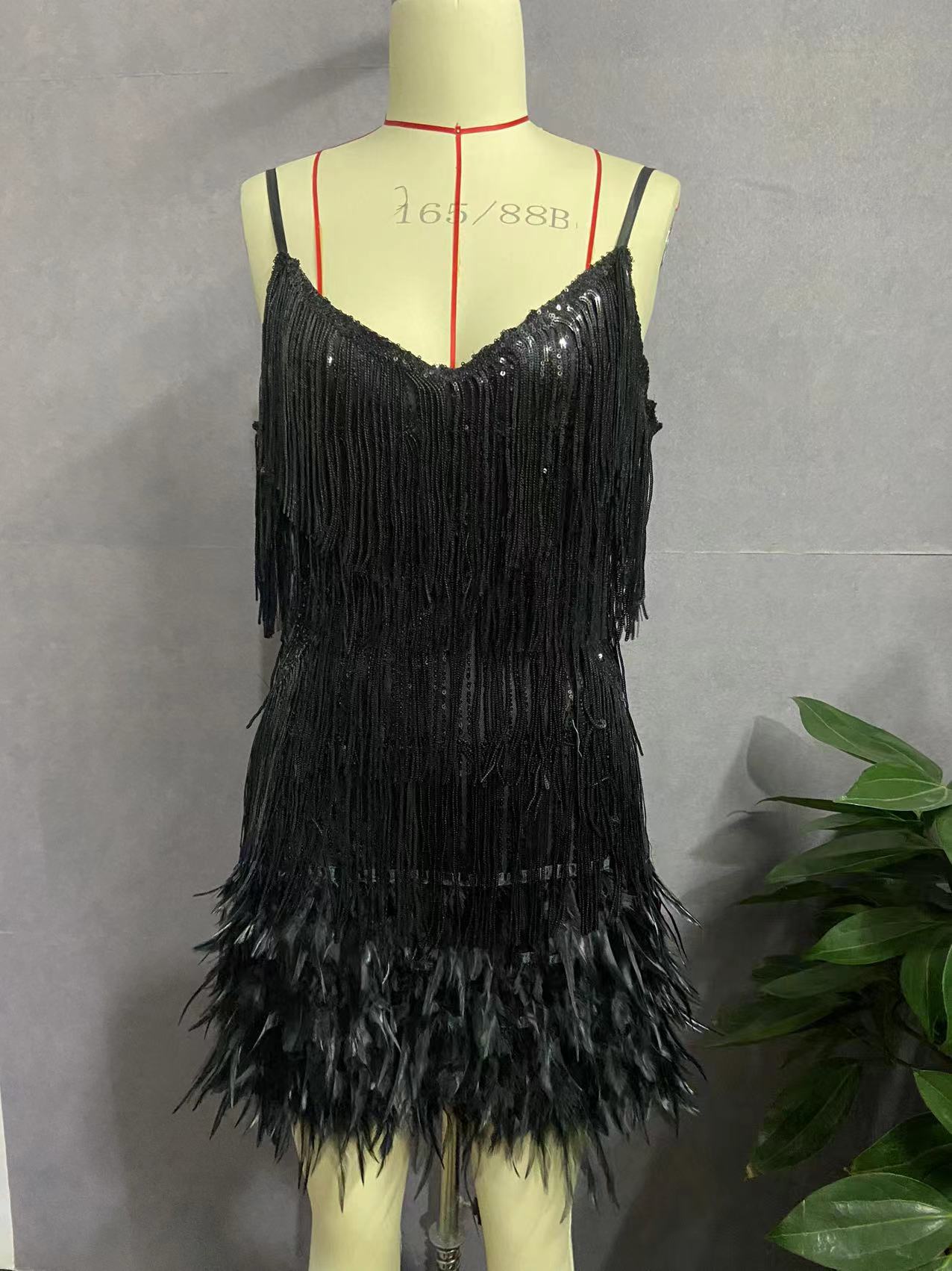 Stylish Fringed Sequin Feather Panels Dress Dress