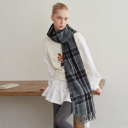Classic Gray Plaid Scarf Unisex Warm Wool Blend Winter Accessory