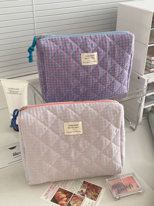 Color Block Plaid Makeup Bag Stylish Quilted Storage Organizer