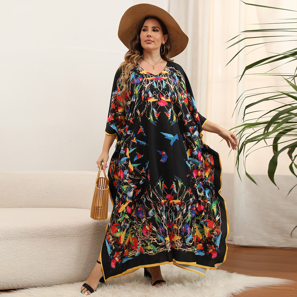Plus Size Dress Beach Smock Bohemian Vacation Gown Bikini Sun Protection Cover Up