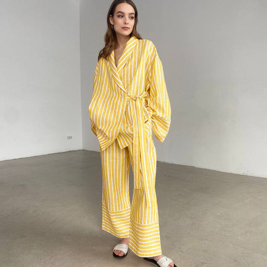 Fashionable Striped Long Sleeve Loose Tie Top & High Waist Pants Set