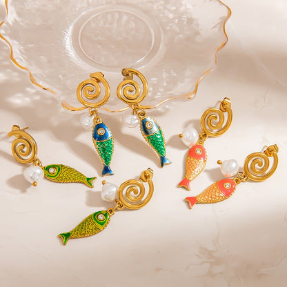 Colorful Fish Pendant DIY Stainless Steel Earrings for Women