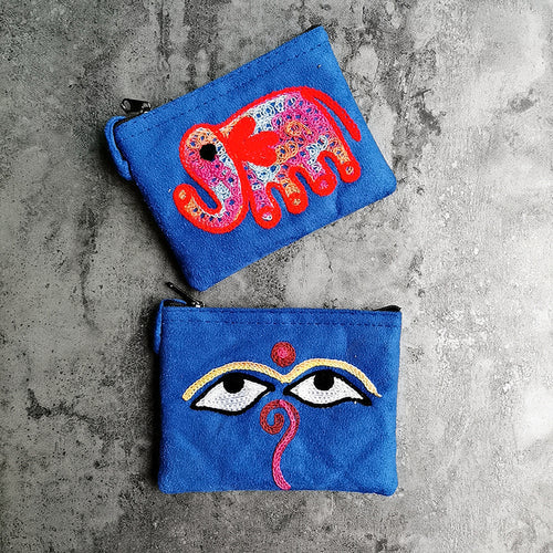 Nepali Hand-Embroidered Suede Ethnic Style Mini Coin Purse Pocket Card Bag Short Fabric Coin Bag