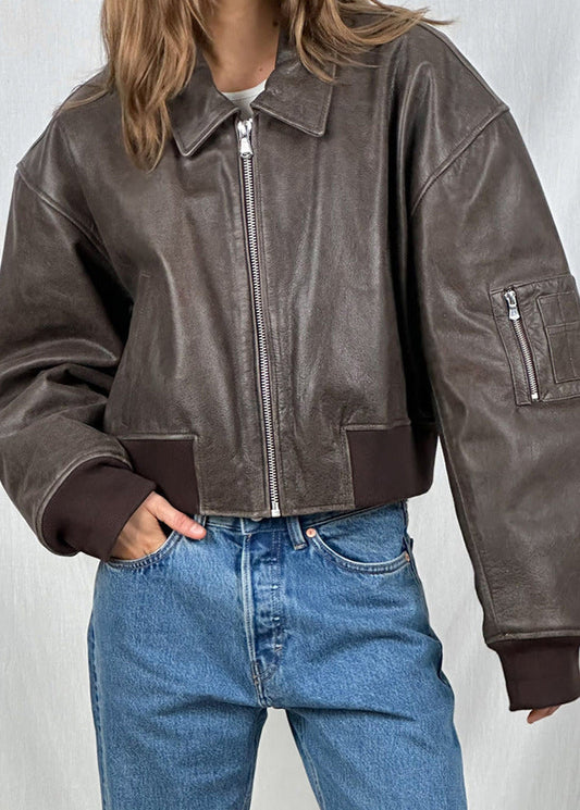 Leather Bomber Jacket Cropped Fit Gray