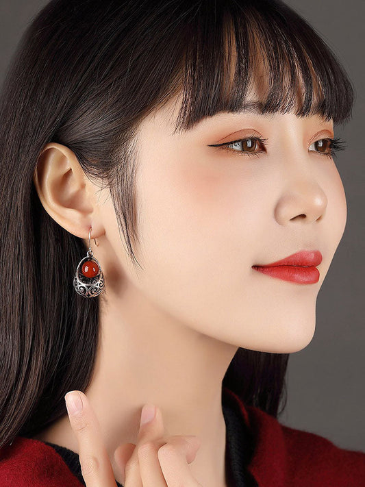 Red Agate Folk Earrings Silver Earrings Retro Earrings With Cheongsam Sterling Silver Temperament Earrings