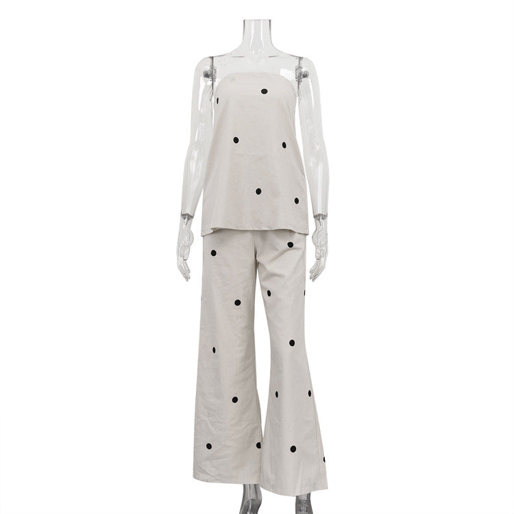 Off-Shoulder Polka Dot Print Cotton Two-Piece Set