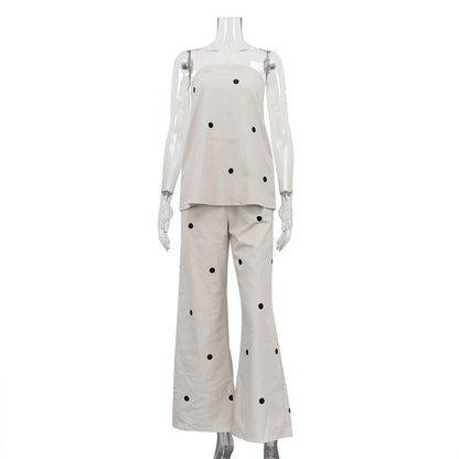 Off-Shoulder Polka Dot Print Cotton Two-Piece Set