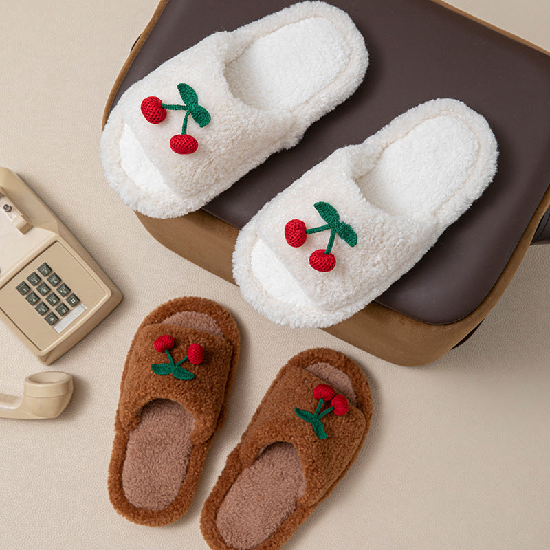 Plush Cherry Color Block Warm Slippers