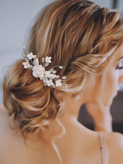Bridal Hair Accessory White Polymer Clay Flower Side Comb