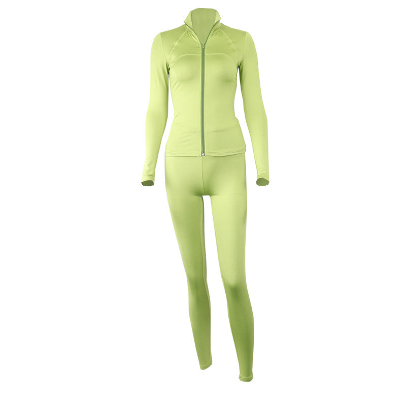 Solid Color Zip-Up Athletic Jacket With Long Pants Set