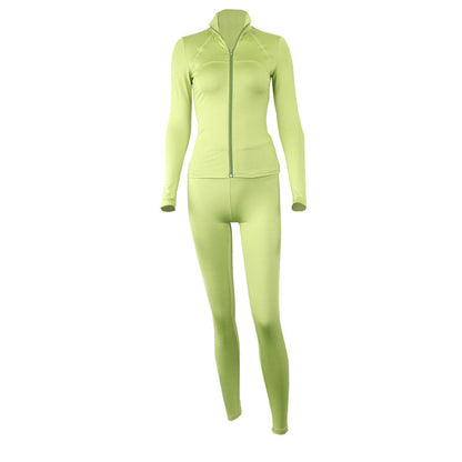 Solid Color Zip-Up Athletic Jacket With Long Pants Set