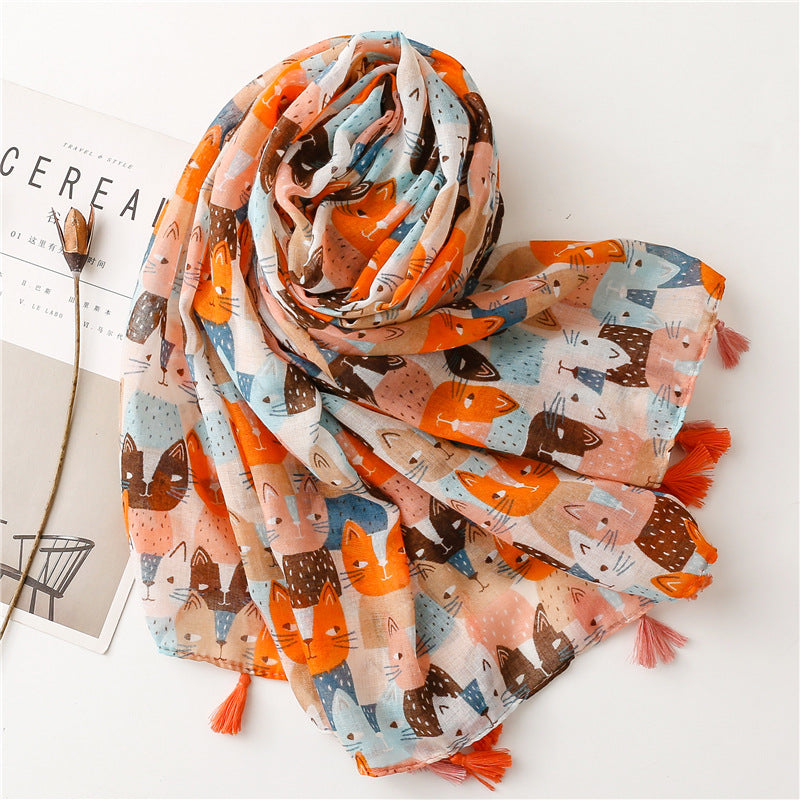 New Spring And Summer Fresh And Sweet Cartoon Cat Cotton And Hemp Scarf Balinese Thin Scarf Shawl
