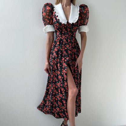 French Floral Print A-Line Dress With Peter Pan Collar