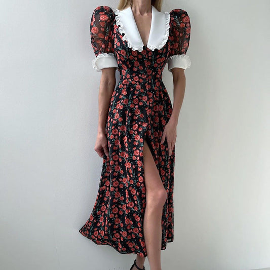French Floral Print A-Line Dress With Peter Pan Collar