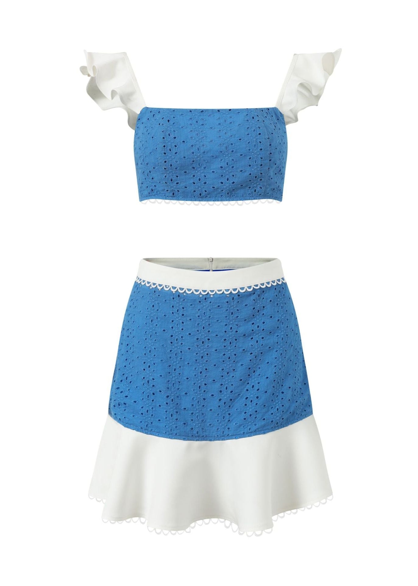 Blue Cotton Eyelet Ruffle Strap Skirt Set