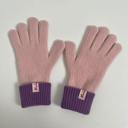 Color Block Splicing Wool Knit Gloves