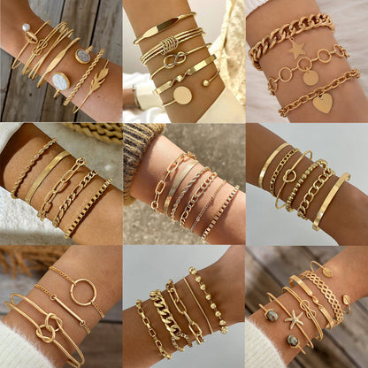 Vintage Geometric Open-Cuff Gold Bracelet Set