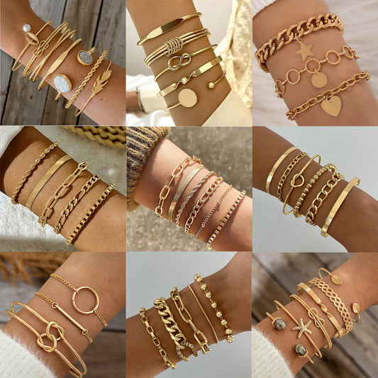 Vintage Geometric Open-Cuff Gold Bracelet Set