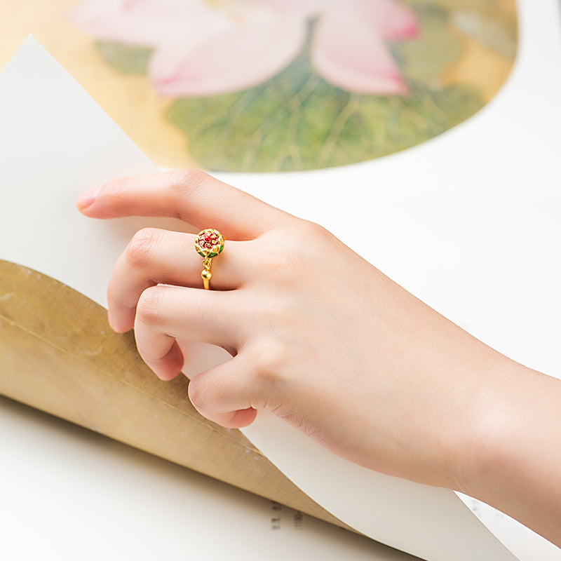 Lotus Six-Character Mantra Scripture Rotating Ring Lucky Turn Ring National Style Enamel Colored Burning Blue Ring